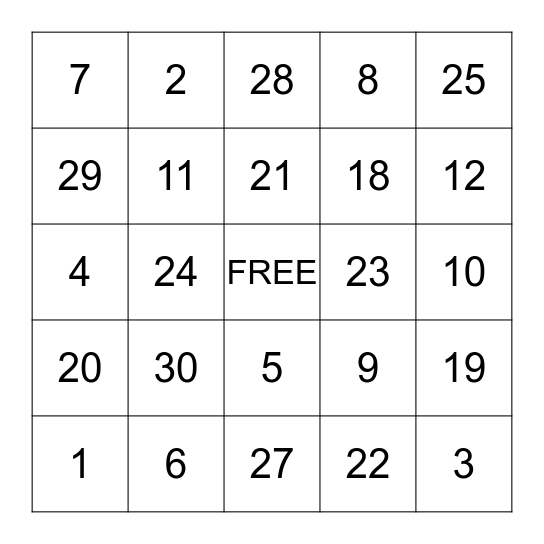 Number Bingo Card