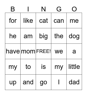 Sight Word Bingo Card