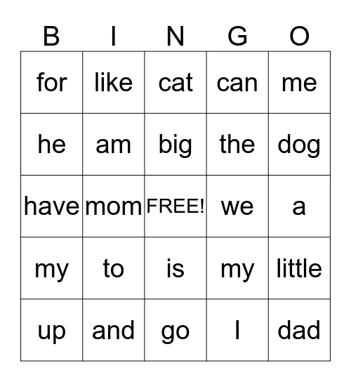 Sight Word Bingo Card