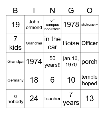 Ormond 50th Wedding Anniversary Bingo Card