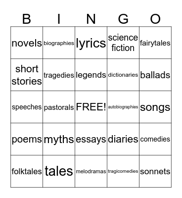 Literary Genres Lang. Arts 6th, HDS-Mrs. Diana Bingo Card