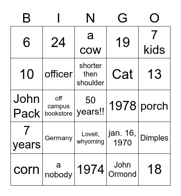 Ormond 50th Wedding Anniversary Bingo Card