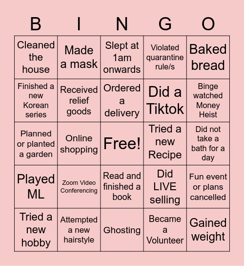 QUARANTINE Human Bingo Card Bingo Card