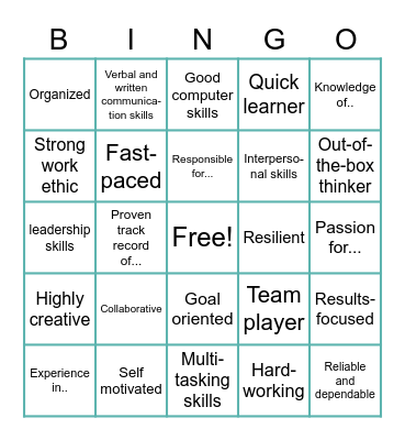 Resume Words Bingo Card