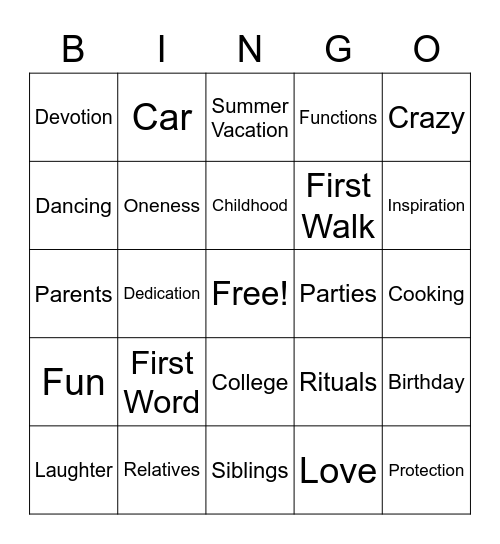 Family Bingo Card