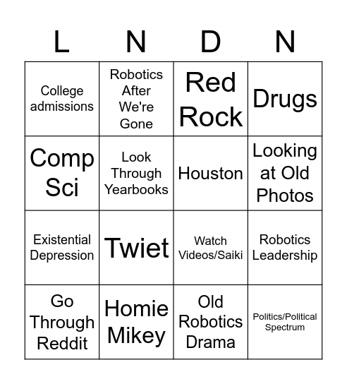 Lonely Boi 2AM Bingo Card