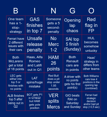 F1 2020 70th Anniversary GP Bingo Card