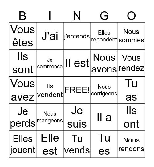 Les verbes Bingo Card