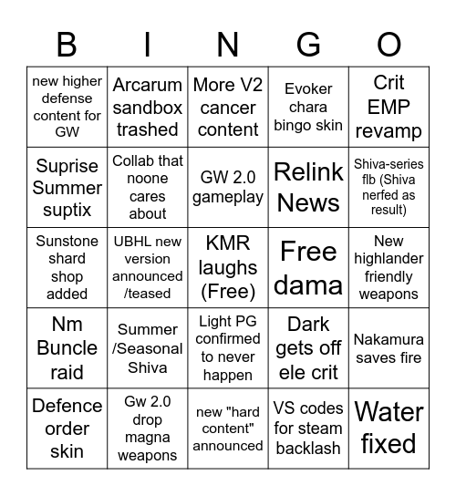 Granblue Fantasy Summer Livestream Bingo Card