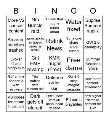 Granblue Fantasy Summer Livestream Bingo Card