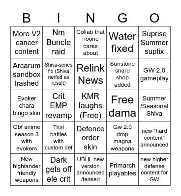 Granblue Fantasy Summer Livestream Bingo Card