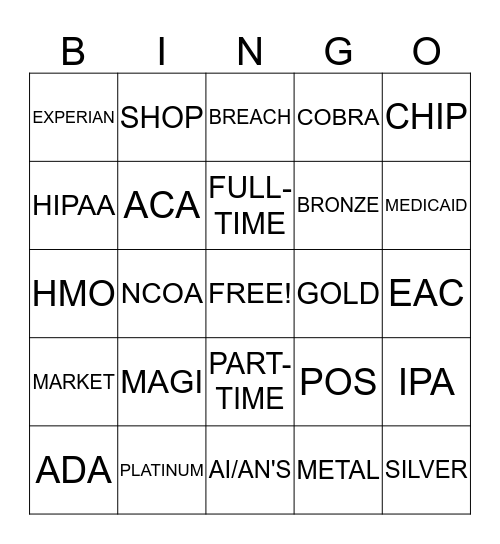 AFFORDABLE CARE ACT BINGO Card