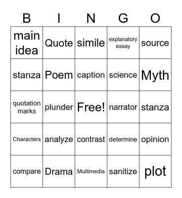 5th grade Bingo Card
