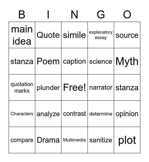 5th grade Bingo Card
