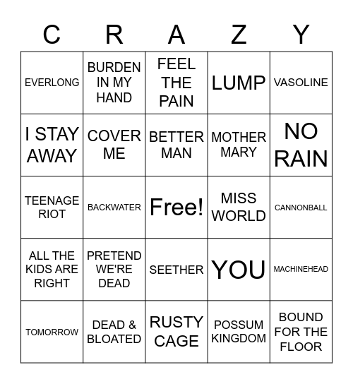 Grunge Bingo Card