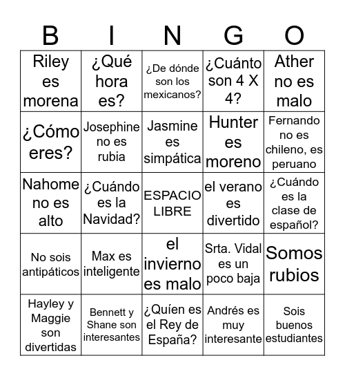 Unidad 1: SER, ADJETIVOS y PALABRAS INTERROGATIVAS Bingo Card