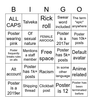 Off Topic Bingo Card