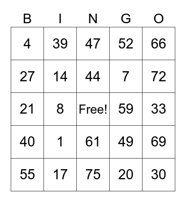 JJ Bingo DI3 Bingo Card