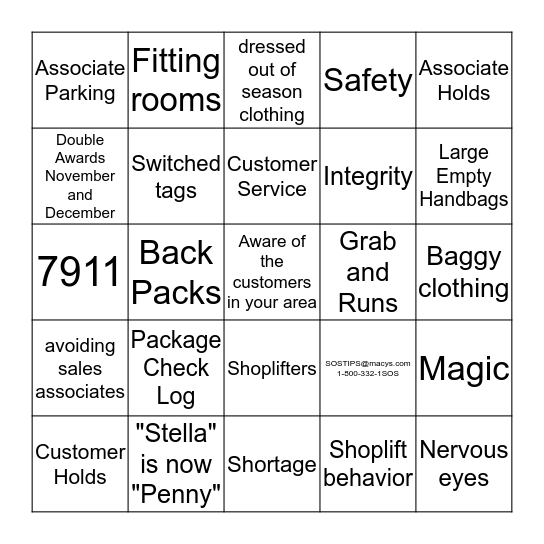 Loss Prevention Super Heros Bingo Card