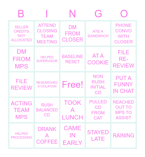 Float Life Bingo Card