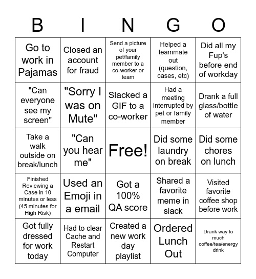 Work From Home Black-Out Bingo Card