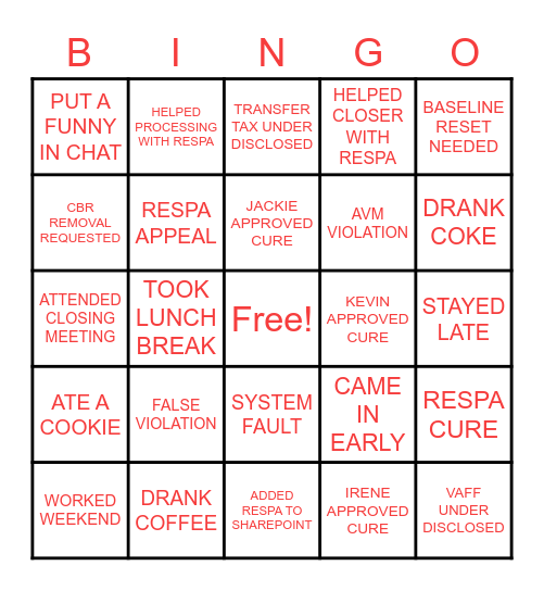 RESPA Bingo Card