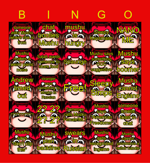 Mushu Stream Bingo Card