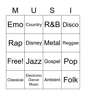 Music Genres Bingo Card