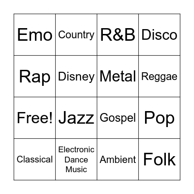Music Genres Bingo Card