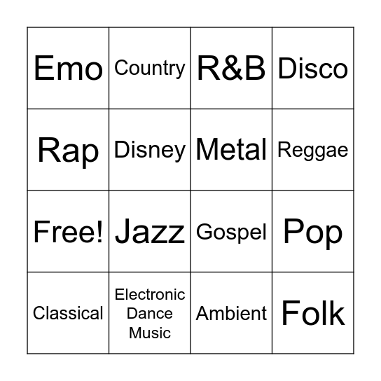 Music Genres Bingo Card