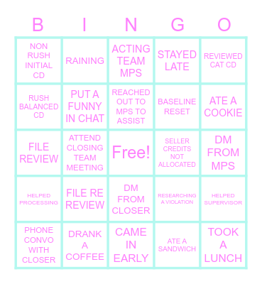 Float Team Bingo Card