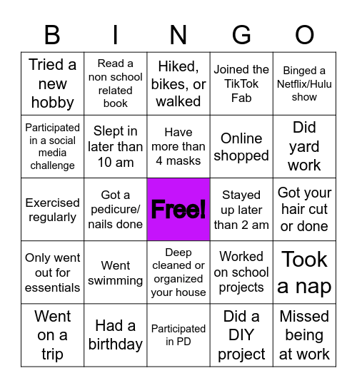 Quarentine/Summer Bingo Card