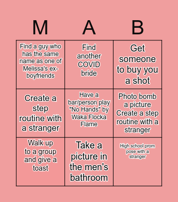 Melissa's Bachelorette Scavenger Hunt Bingo Card