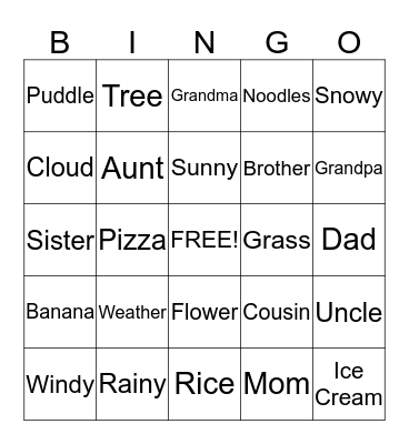 Weather, Family, and Food Bingo Card