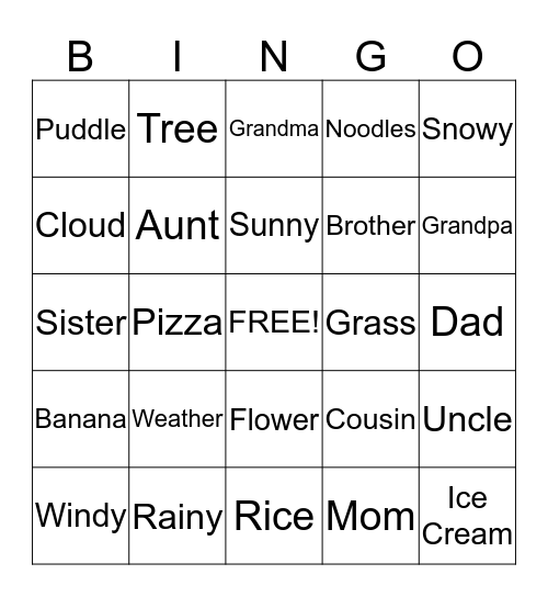 Weather, Family, and Food Bingo Card