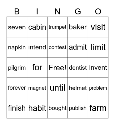 spelling words Bingo Card