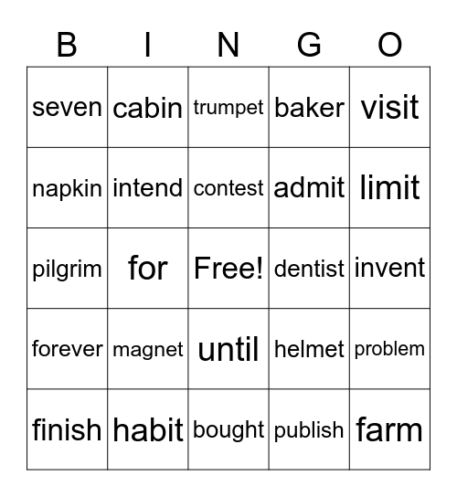 spelling words Bingo Card