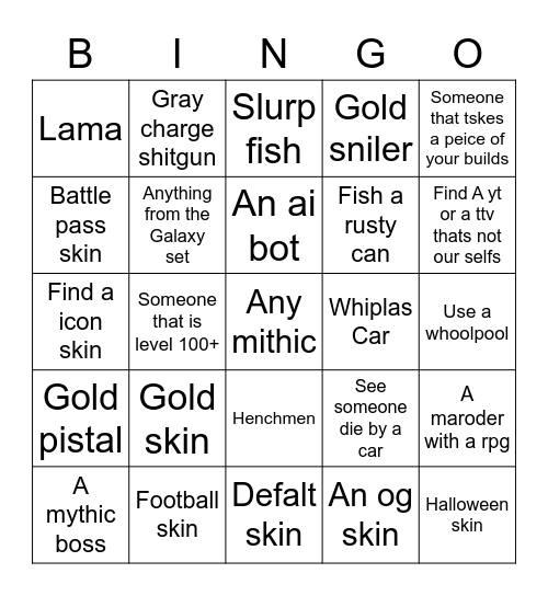 Fortnite chapter2 season3 Bingo Card