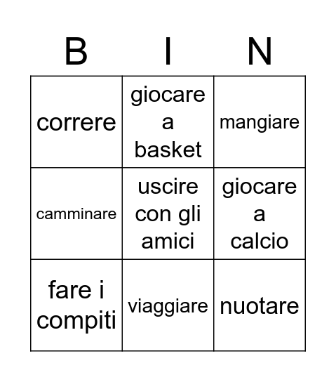 Talking about activities - Italian Bingo Card