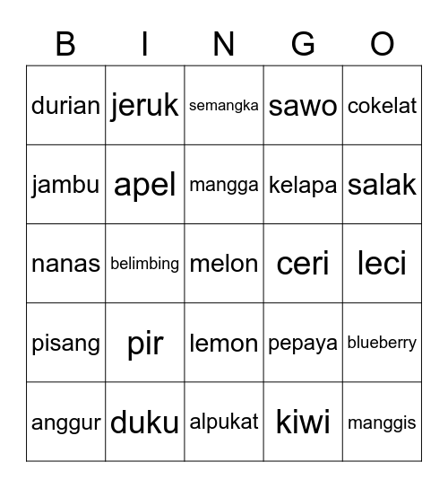Indonesian Fruits Bingo Card