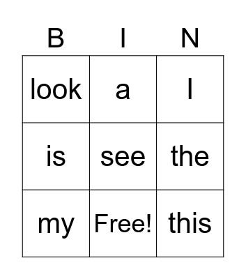 Sight Words Bingo Card