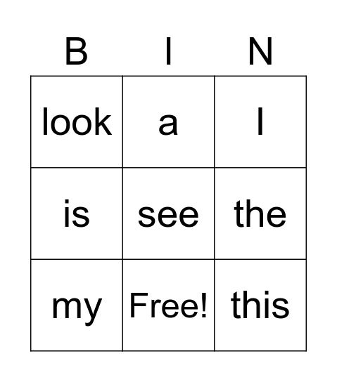 Sight Words Bingo Card