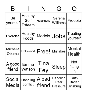 Self Esteem  Bingo Card