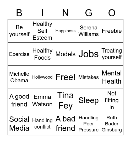 Self Esteem  Bingo Card