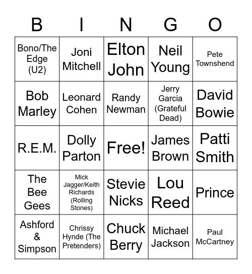 Greatest Songwriters, Greatest Guitarists Bingo Card