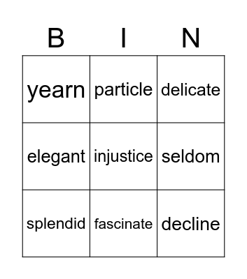 Vocabulary Bingo Card