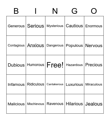 Vocabulary Bingo Card