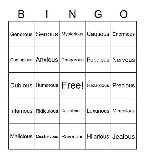 Vocabulary Bingo Card