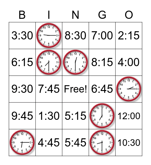 Telling Time Bingo Card