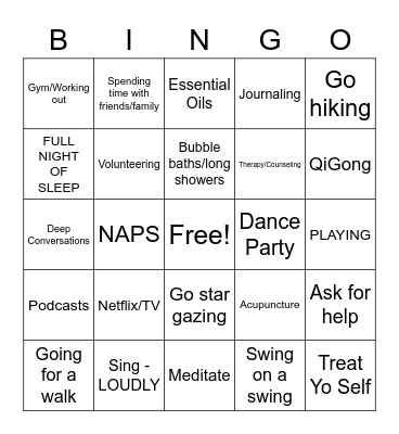 SELF + CARE = LOVE <3 Bingo Card